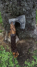 Custom Engraved Axe from Norway / Warped Wood Handle and Leather Sheath picture