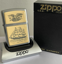 (New) ZIPPO LIGHTER 2002 SCRIMSHAW SQUARE RIGGER SHIP AND EAGLE Ultralite BOXED picture