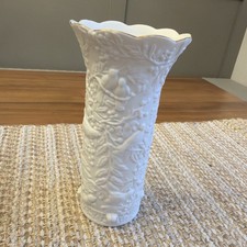 Vintge bisque ceramic Flower Vase Gold Trim Scalloped Rim Bird Forest Relief Art picture