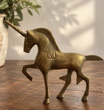 Vintage Solid Brass Unicorn Figurine Prancing Horse Statue Patina Home Decor picture