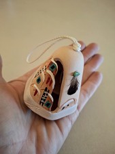 Hand-Painted Pueblo Vtg Clay Bell with Turquoise Style Accent & Feathers Signed picture