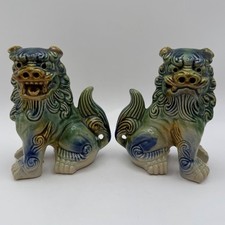 Vintage Chinese Foo Dog Guardian Lion Pair – Sancai Style Glazed Ceramic picture
