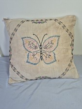 1930's Hand Embroidered Butterfly Floral Linen Accent Pillow VNT French Country picture