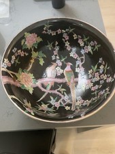 Large Vintage Chinese-Style Black Ground Bird & Floral Bowl picture