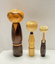 Japanese Kokeshi Wooden Doll Lot of 3 Vintage Japanese Folk Art picture