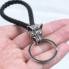 1Pcs Stainless Steel Wolf Amulet Jewelry PU Braided Woven Leather Keychain Vikin picture
