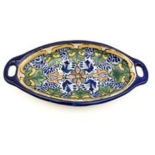 Uriarte Talavera Puebla Mexico Hand Painted Oval Dish Blue Green D199 E600 HRE picture