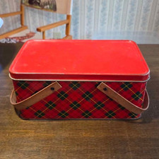 Vintage Red & Green Tartan Tin Biscuit Tin Box w/ Hinged Lid and Brown Handles picture