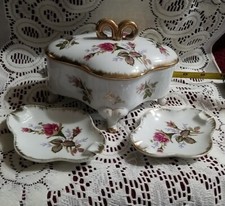 Vtg Moss Rose Footed Trinket/Jewelry Box With 2 Ash Trays picture