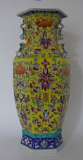 Large Chinese Famille Rose Hexagonal  Porcelain Vase w/double Handles picture