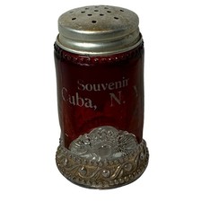CUBA NY NEW YORK ANTIQUE Ruby Red Flash Souvenir Glass TRINKET SHAKER picture