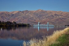 Photo:1939 Blue Bridge Vertical Lift Bridge Mountain River Scenic Photo picture