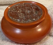 Vintage MCM Aesthetic Orange Painted Glass Vase With Clear Floral Frog 11 Holes picture