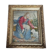Antique Petite Needlepoint Of Jesus Christ 19th Century Gold Frame  26