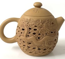 Vintage Yixing Zisha Clay Dragon Double Layered Teapot Intricate Design 4” **EC picture
