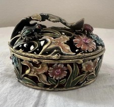 Vtg Rucinni Swarovski Crystals Frog Ladybug Floral Cut out Hinged Trinket Box picture