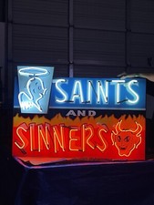 World Famous “Saints & Sinners”  Glass Neon Bar Sign Vintage NM Lowrider Capital picture