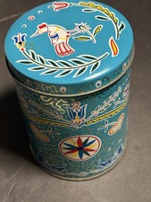 Vtg PA Dutch Candies Empty Round Heart Tin Can 5” Amish Horse Buggy Birds Heart picture