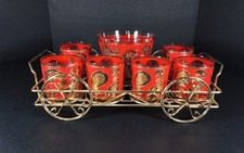 Vintage Culver Ltd Red Gold Paisley Barware Set Caddy Ice Bucket 6 Lowball... picture