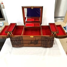 Large Antique Wood Carved Oriental Design Jewelry Chest Box Multiple Compartment picture