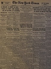 Vintage John Dillinger shot dead by G MEN in Chicago NEW YORK TIMES News Article picture