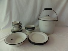 27 pcs vintage ENAMELWARE CAMPING SET white w/ black trim Cups Bowls Plates Pail picture