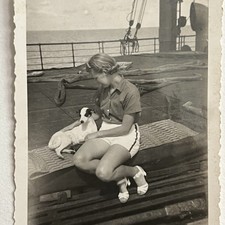Antique Snapshot Photograph Beautiful Woman Dog On Boat Ship In Ocean picture