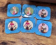6 Vintage 1950s Pin-Up Tin Ashtray Heat Wave, Pace Setter & A Cute Situation TX picture