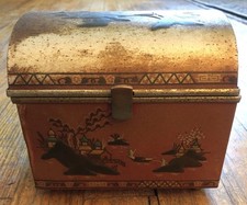 Vintage Baret Ware Asian Tin Jewelry Box Satin Liner Mirror Very Distressed picture