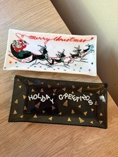 Vintage MCM 2 Houze Glass Christmas Trays SANTA & SLEIGH / HOLIDAY GREETINGS picture