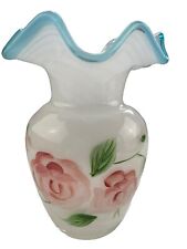 Fenton Glass Floral Vase Ruffled Aqua Blue Rim Hand Painted Pink Rose 6