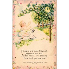 Vintage 1947 First Birthday Postcard Toddler Dog Smiling Trees Religious Poem picture