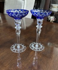 Pair Vintage 8” Cobalt Blue Cut-Clear Crystal Candle Holders European Flower picture