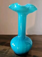 Vintage Aqua/Turquoise Overlay Swirl Hand Blown Ruffled Edge Vase Flaws Read 9