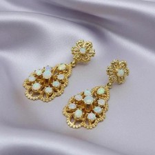 Women's Vintage Floral Opal Drop Earrings 14K Yellow Gold Over Elegant Statement picture