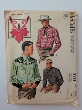 Vtg 1950s McCalls 2118 Men Western Shirt SZ Large 16-16 1/2 Complete w/Transfer picture