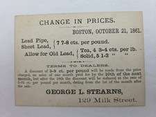1861 antique GEORGE L STEARNS boston ma LEAD PIPE PRICE LIST trade card 7⅞c picture
