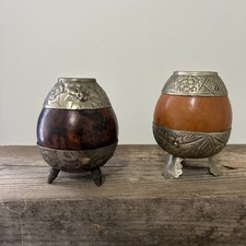 2 Vintage Handcrafted Argentine Yerba Mate Gourd Cup Alpaca Silver Tripod Marked picture