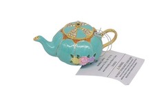 NEW Bejeweled Hinged Enameled Metal Trinket Box Turquoise Tiny Teapot NWT picture