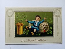1913 New Year Greetings Boy In Blue With Lucky Clover Money Postcard Antique picture