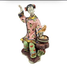 Vintage Shiwan  Wucai Porcelain chinese lady fishing signed picture