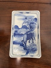 Vintage Japanese Blue & White Porcelain Rectangular Tray Hand Painted Horse picture