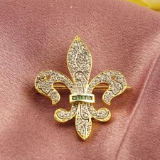 Antique Emerald & Diamond 10K Yellow Gold Over Fleur De Lis Style Brooch Pin 1PC picture
