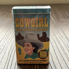 2016 Archie McPhee Novelty 15 Cowgirl Bandages W/Tin Brand Free Prize Inside NEW picture