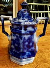 Antique Flow Blue Lidded Sugar Bowl England (tiny chip on bottom) picture