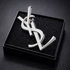 YSL Small Silver Brooch Hat Scarf Tie Collar Lapel Pin Saint Laurent Blazer Gift picture