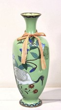 Antique Meiji Japanese Cloisonne Crane Bud Vase Green - 7.5” (Read Description) picture