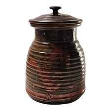 Vintage Studio Art Pottery Lidded Jar Cookie Jar Red Brown Signed 11.75