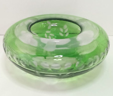 Cut To Clear Czech Bohemian Green Glass Ashtray Rose Bowl Round Floral Etched picture