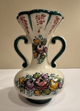 Vintage E.P.L. Alcobaca Portugal Hand Painted Floral Double Handle Vase 6” picture